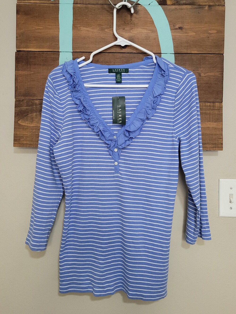 Lauren Ralph Lauren Blue Stripe Ruffle V-Neck Coastal Nautical Top Size Large
